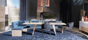 Großer Holztisch mit dazulassender Eck-Sitzbank in Holz mit türkisen Polstern