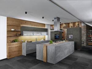 moderne Küche mit Kücheninsel in grauer Steinoptik und Holzelement