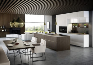 Offene Küche mit moderner Kochinsel in braun und weißen Küchenschränken