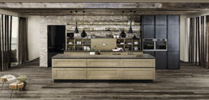 rustikale Holzküche mit Kochinsel und Stein-Arbeitsplatte