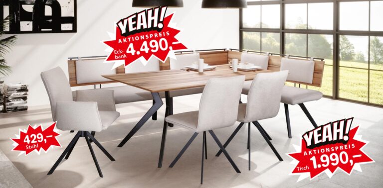 Modernes Esszimmer mit Holztisch, heller Eckbank und Stühlen, Aktionspreise für Tisch, Eckbank und Stühle