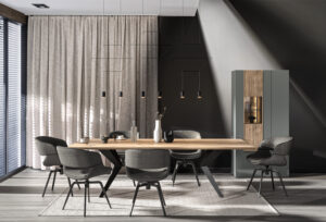 Speisezimmer mit langem Holztisch und anthrazitfarbenen Stühlen