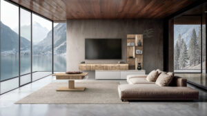 Modernes Wohnzimmer mit Fensterfront und großer Wohnzimmerwand aus Holz, einem dazu passenden Wohnzimmertisch und eleganter Ledercouch