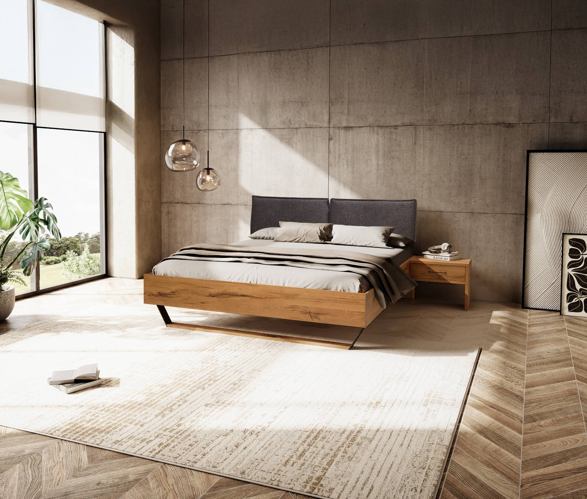 Modernes Schlafzimmer von Möbel Polt in Sandtönen mit Massivholzbett vor Betonwand; Wohntrends 2026.